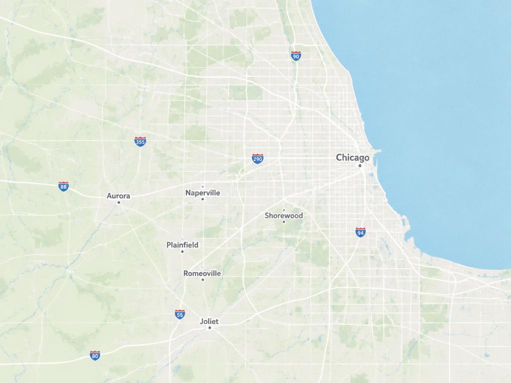 Map of Chicagoland service area including Joliet, Naperville, Plainfield, Romeoville, Aurora, and Shorewood